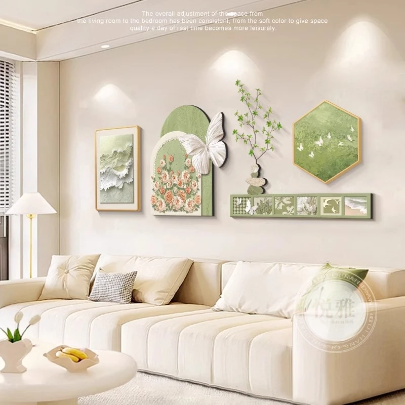 轻法式客厅组合装饰画奶油风沙发背景墙挂画小清新绿色高级感壁画