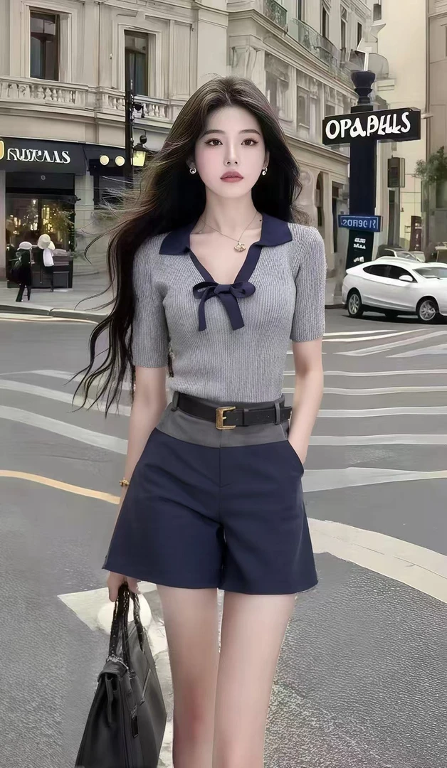 新款休闲通勤风灰色短袖V领针织上衣+藏青色小众短裤时尚两件套