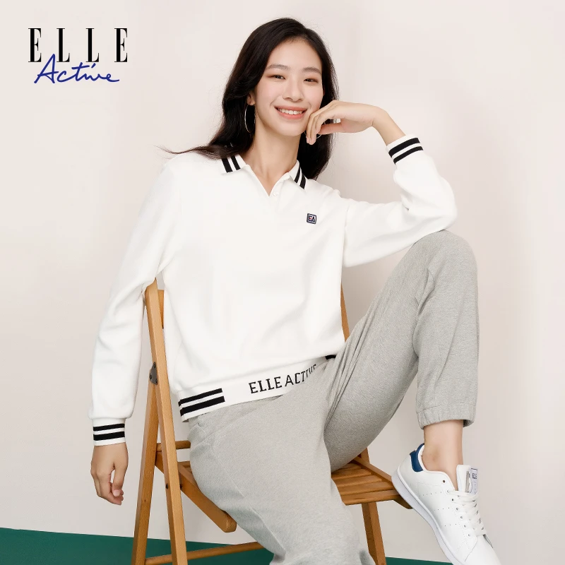 ELLE Active新款撞色学院风运动风卫衣休闲翻领撞色针织女款上衣