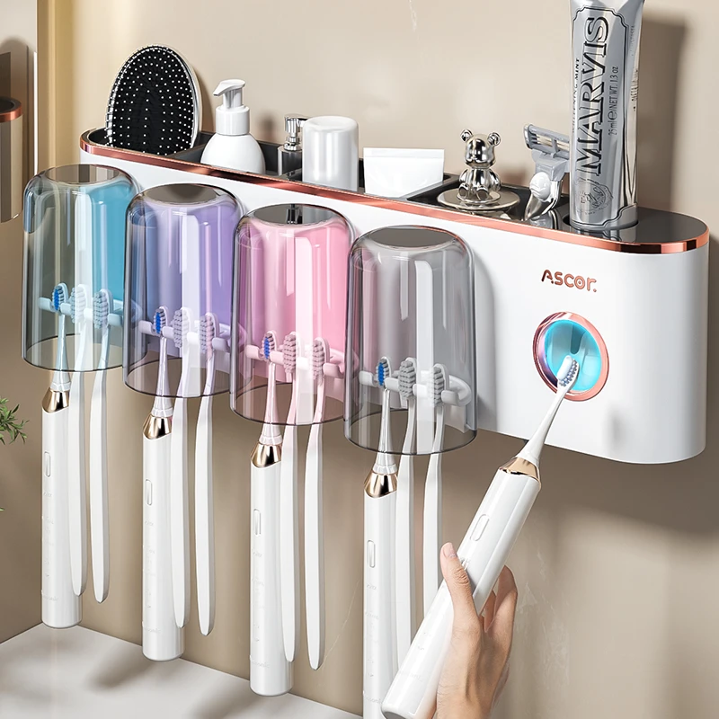免打孔牙刷架置物架卫生间挤牙膏器漱口杯刷牙杯子挂壁式洗漱厕所
