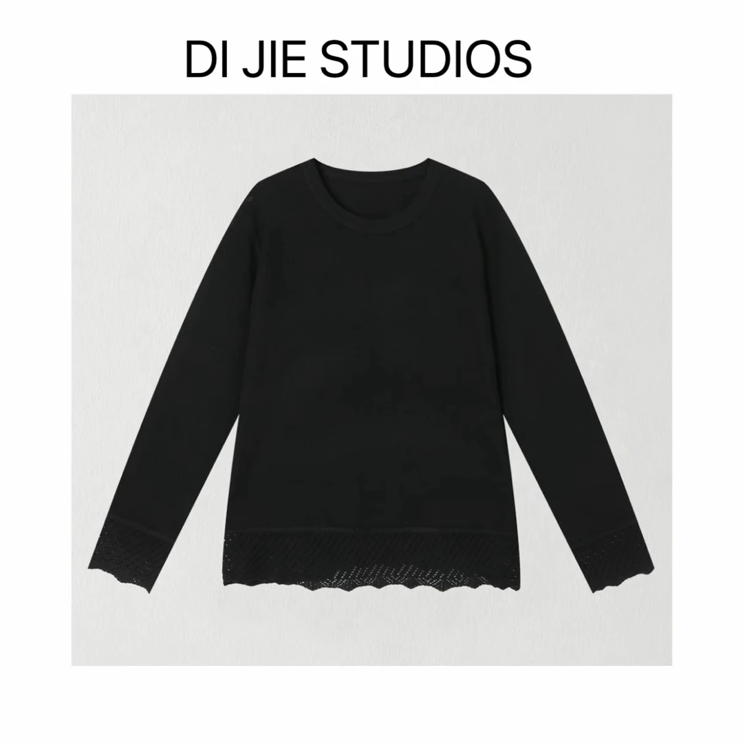 迪姐定制 镂空手袖下摆拼接皱感设计宽松休闲长袖针织衫 26026