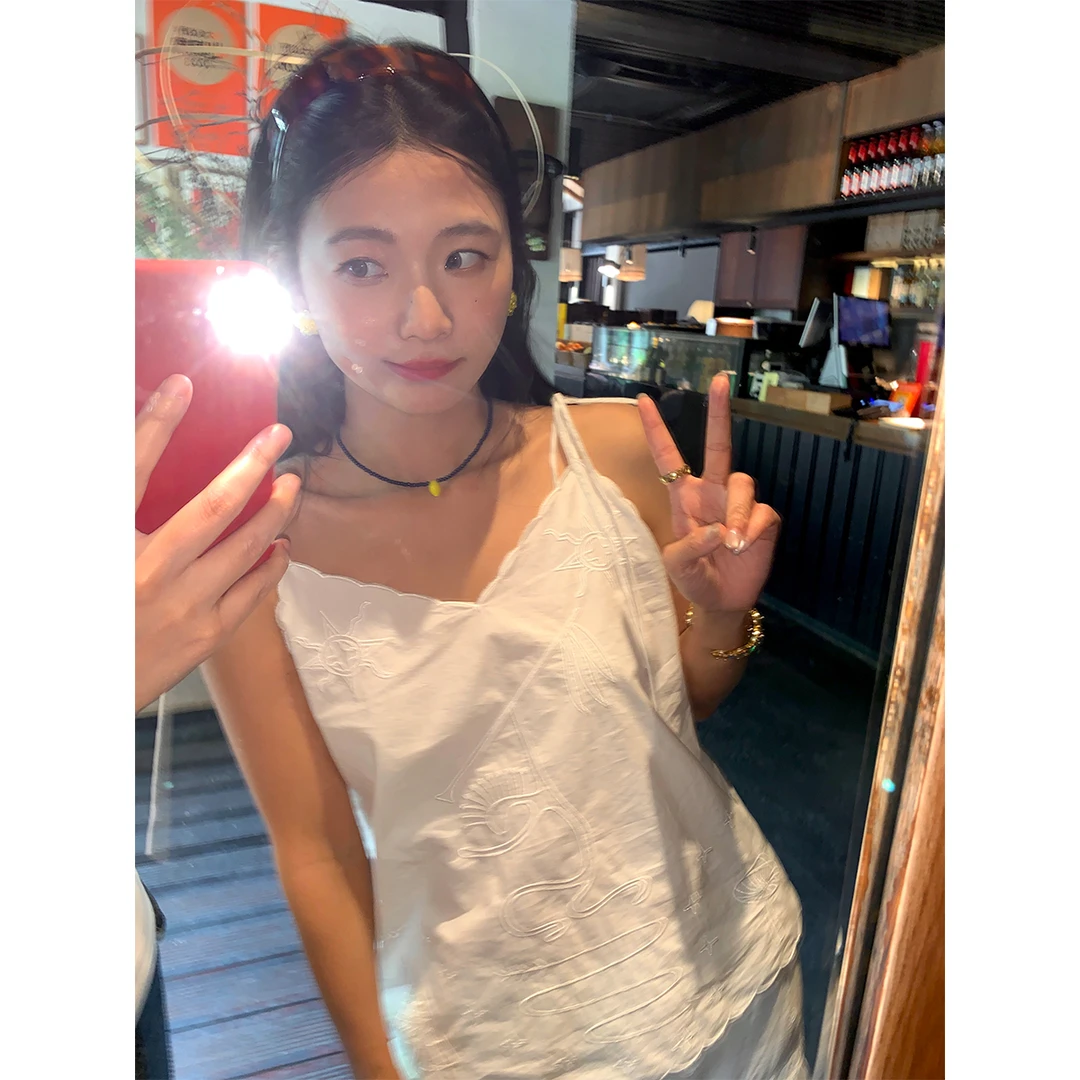 落落狷介 白色吊带背心女2025新款纯棉刺绣上衣小个子V领无袖外穿