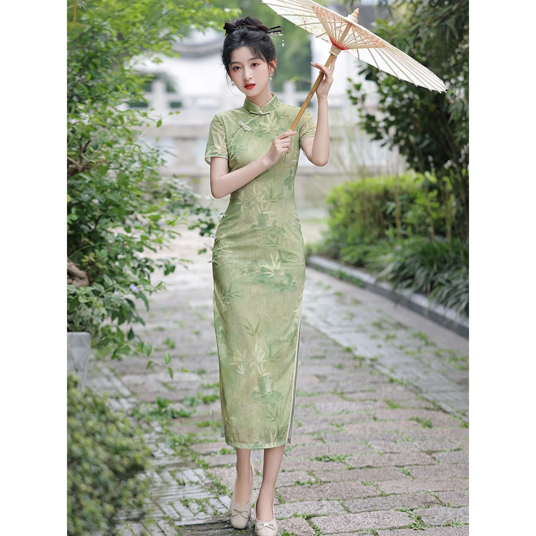 改良高考中考一路绿灯绿色送考旗袍女2025夏季年轻款高端长款日常
