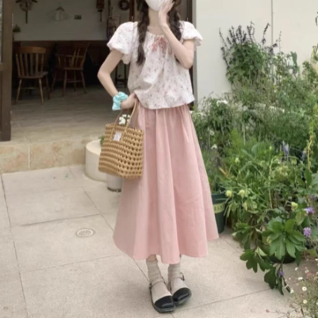 韩系甜美碎花衬衫高腰半身裙两件套夏季田园风套装