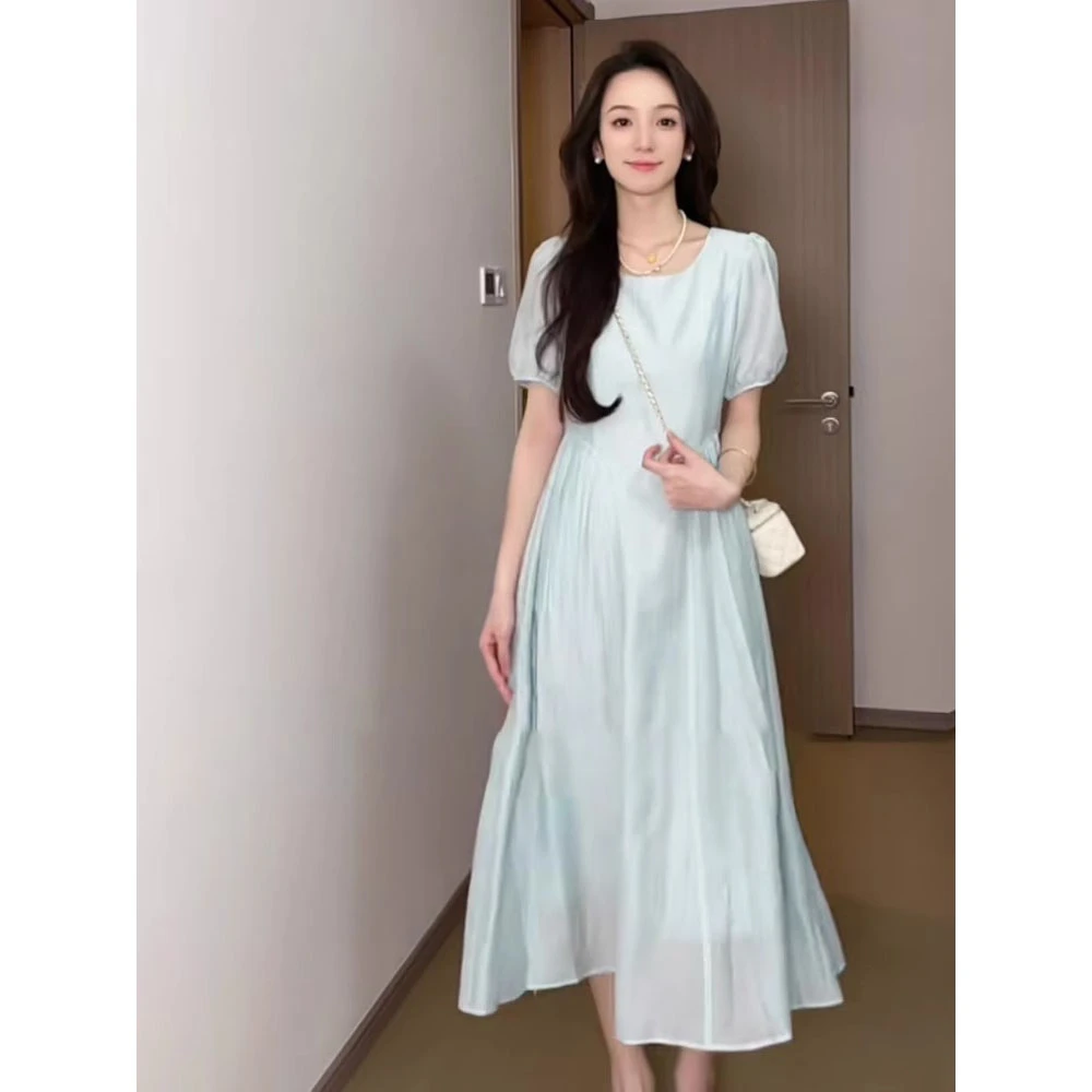 复古圆领收腰显瘦连衣裙2025夏季新款极简风时尚短袖减龄气质长裙