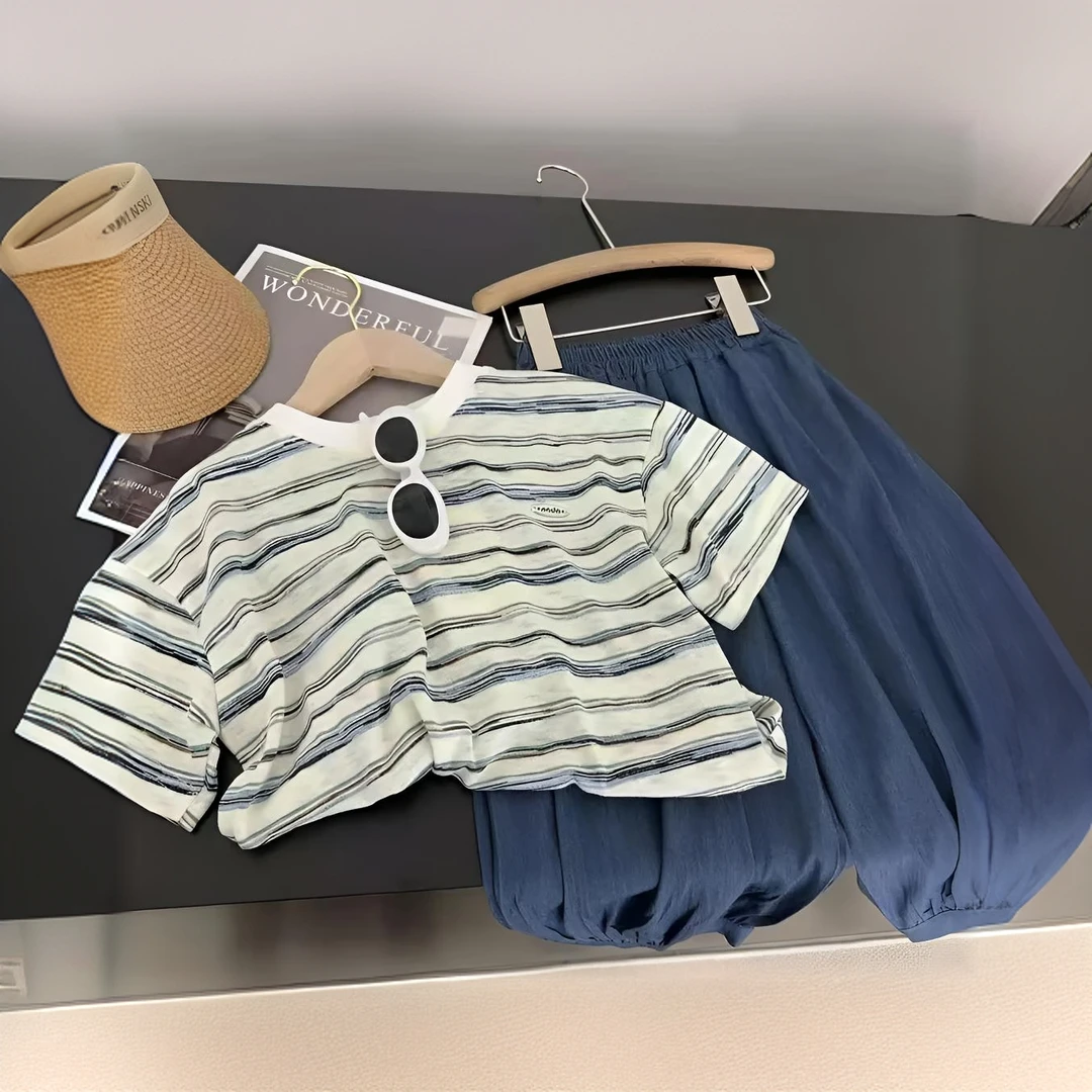 男童夏装套装儿童洋气宝宝条纹短袖T恤小童休闲薄款灯笼防蚊裤ins