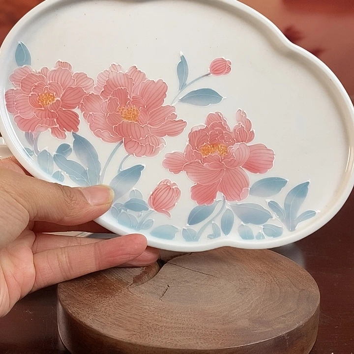 芍药花壶承手绘高温釉下20*14