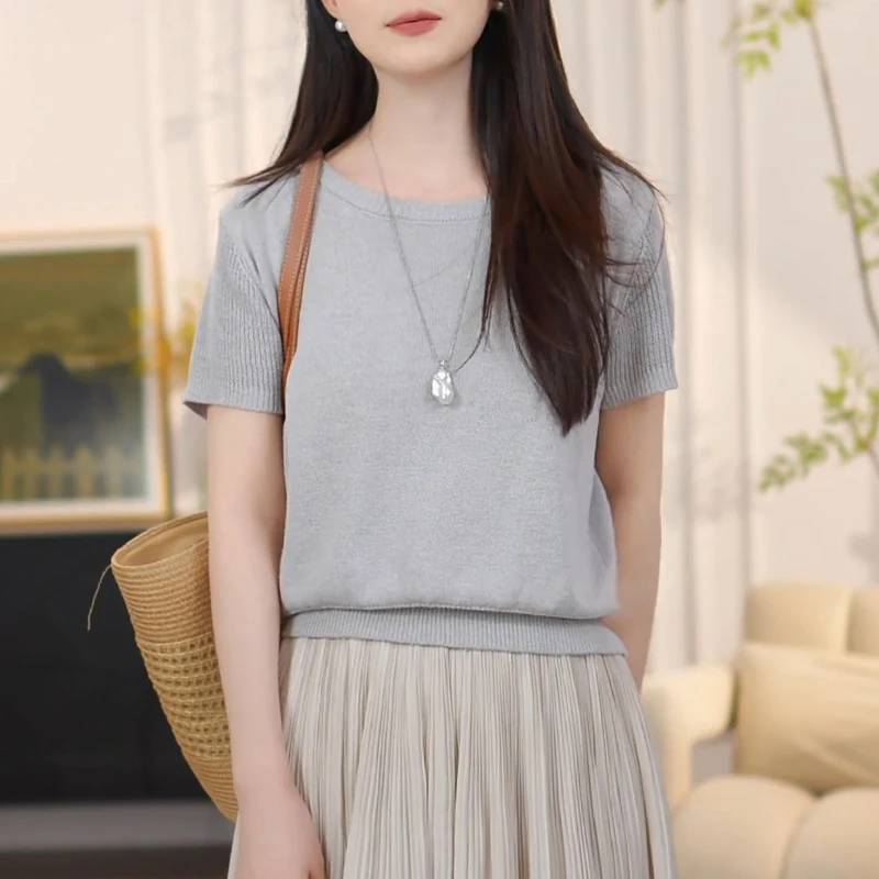 允古直播间同款女装夏季新款2025极简慵懒高级感短袖百搭针织上衣