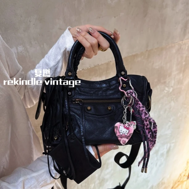 95新 Balenciaga/巴黎世家 复燃精选/黑色city mini机车斜挎包