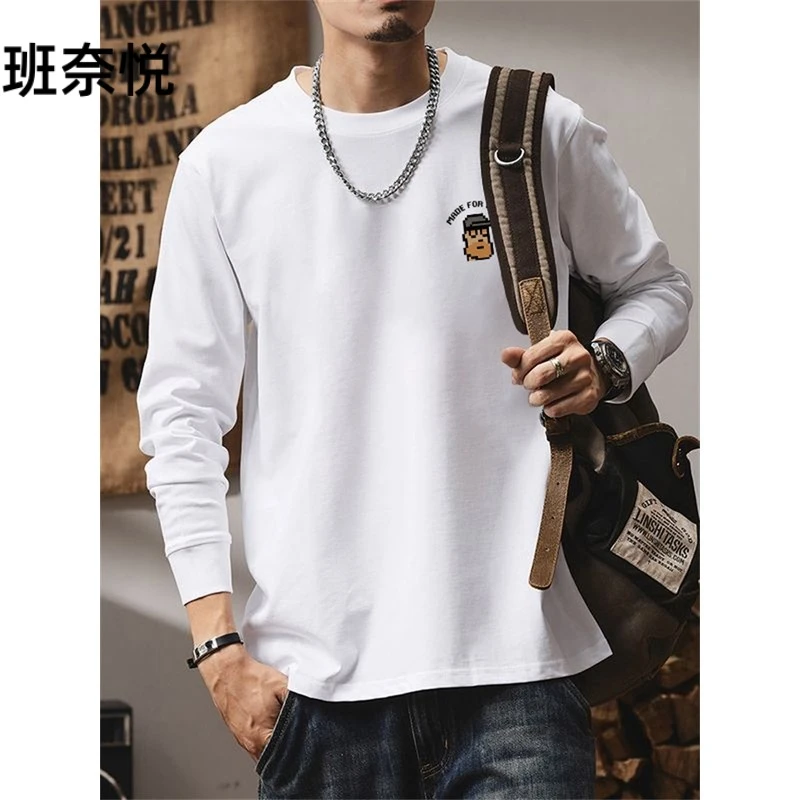 班奈悦美式潮牌重磅百搭长袖t恤男秋冬季圆领宽松大码内搭打底衫