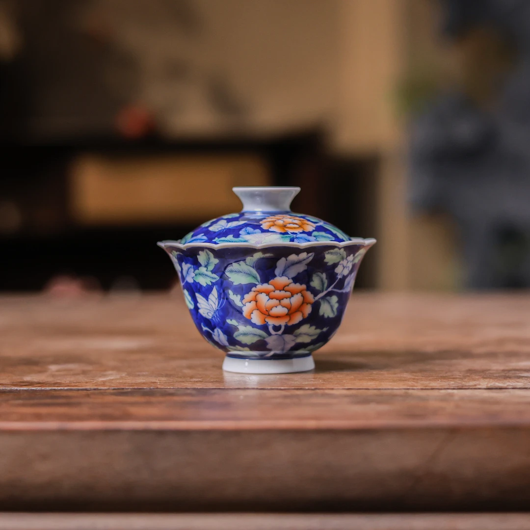 纳兰 蓝地牡丹盖碗160ml（画片、小花纹、颜色随机发）（S0061）