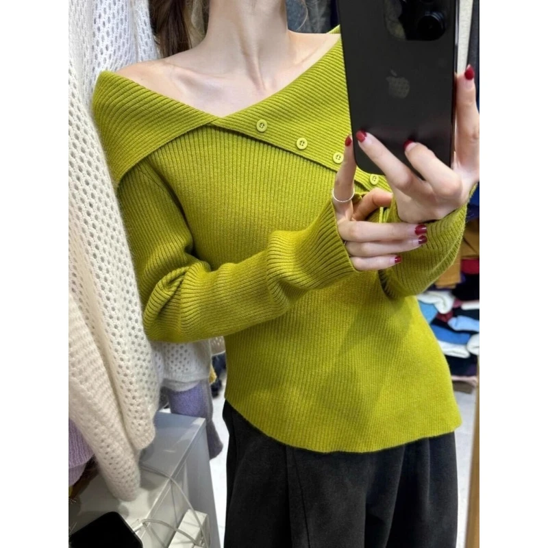 秋季新款独特超好看大翻领设计感显瘦长袖针织衫女休闲百搭上衣