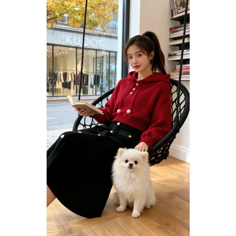 小众别致红色连帽抽绳纯色卫衣女款秋季黑色休闲百搭半身裙两件套