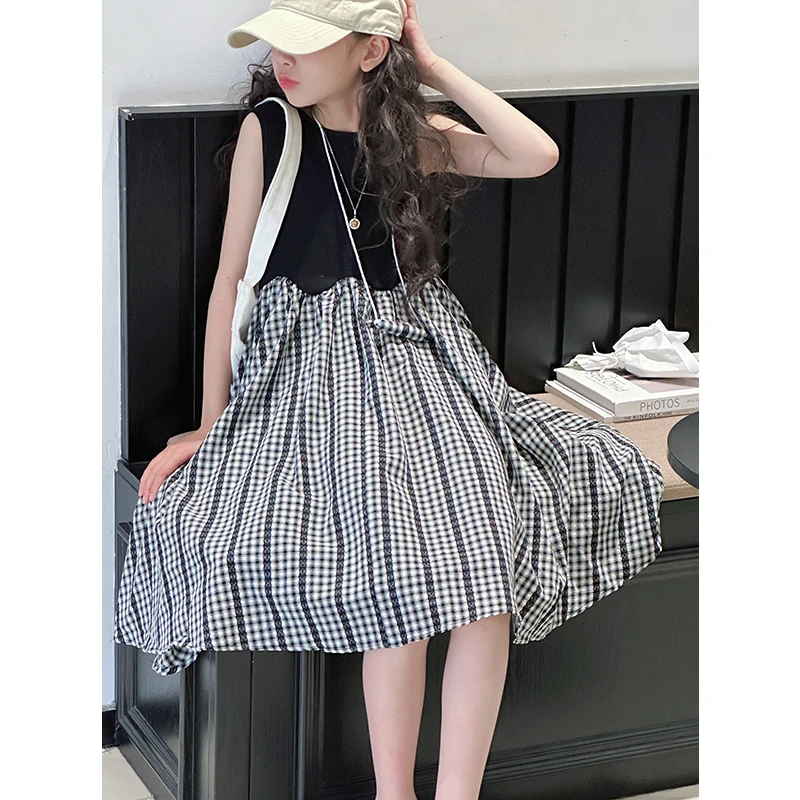 K29012拼接格纹女童无袖连衣裙2025新款夏装儿童裙子洋气背心裙潮