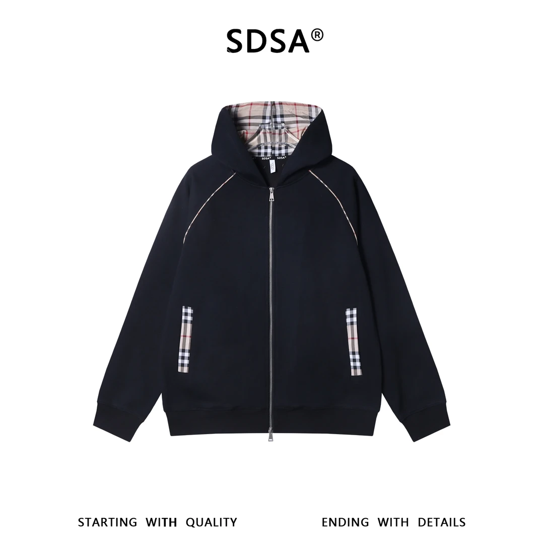 SDSA秋冬新款痞帅男装韩版撞色拉条设计拉链连帽卫衣开衫百搭时尚