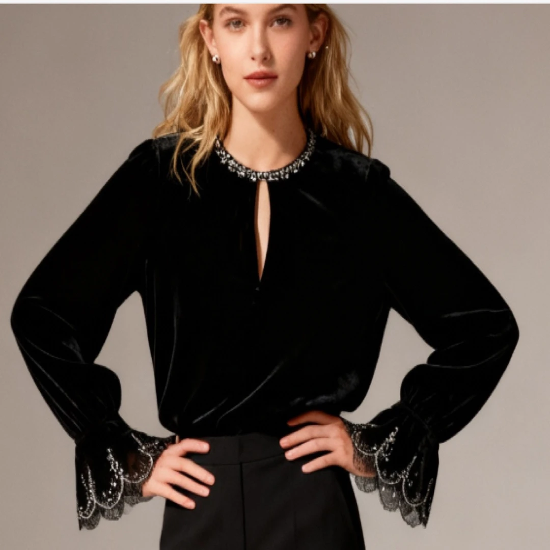 桑蚕丝法式时尚真丝丝绒钉珠亮片花瓣袖轻奢衬衫