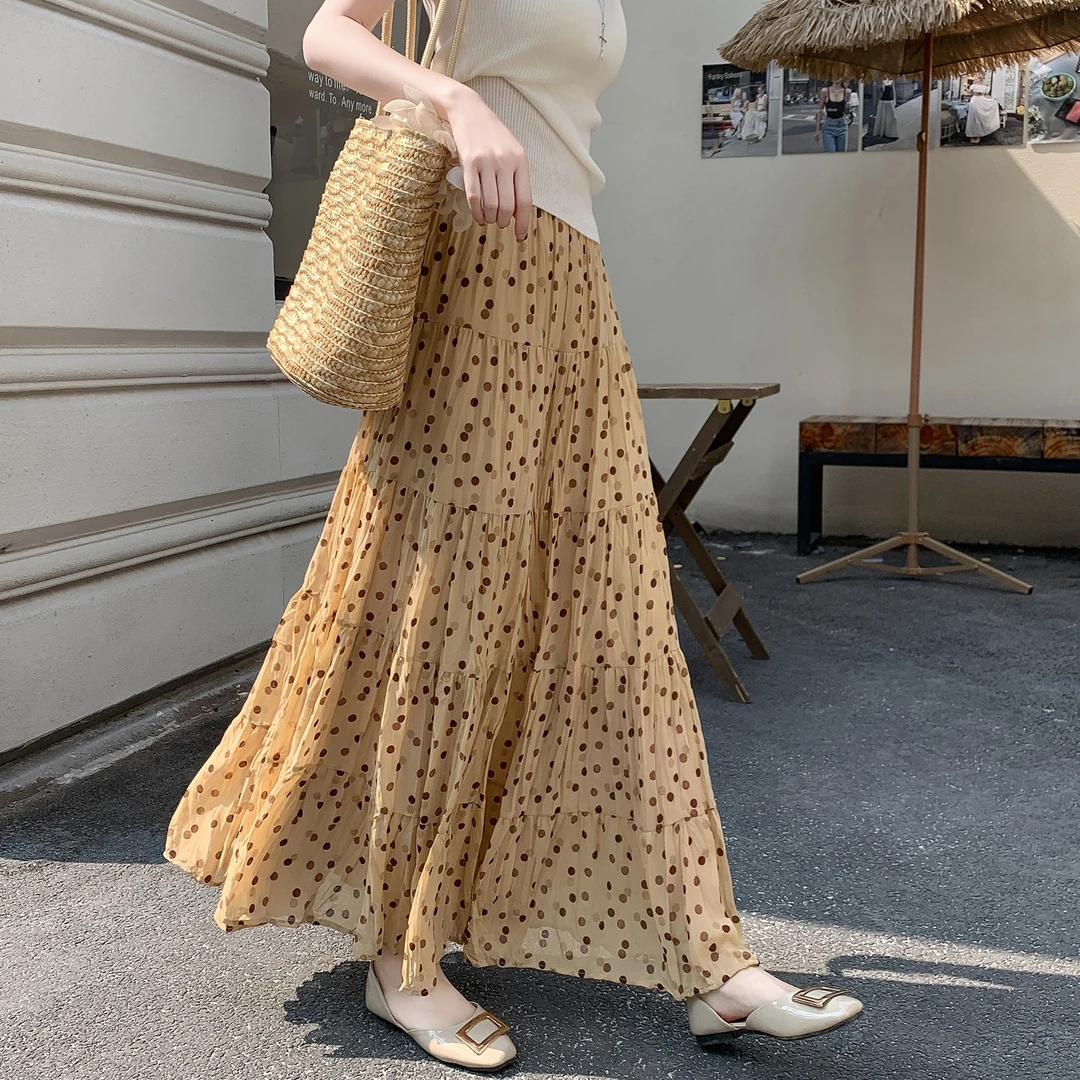 波点雪纺半身裙女夏季2025新款高腰褶皱a字气质飘逸时尚半身长裙