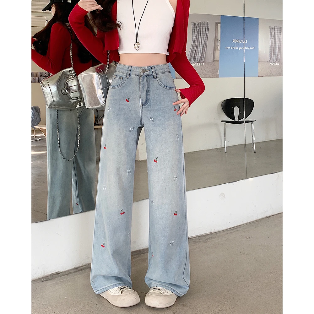 【运费补贴】长大码女胖mm夏季樱桃刺绣牛仔裤高腰显瘦阔腿裤65519