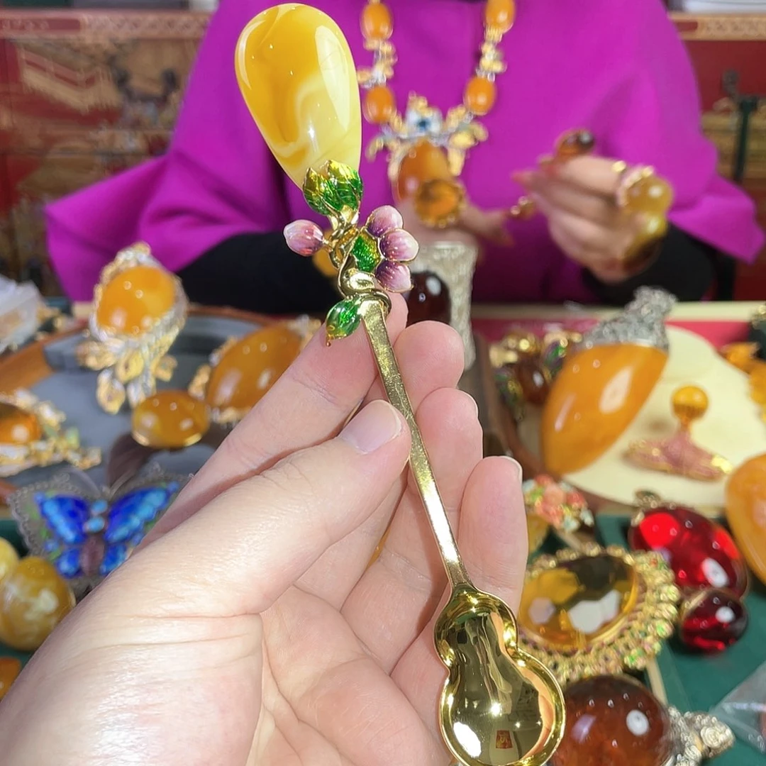 蜜蜡裸石银S925镀金镶嵌蜜蜡餐具