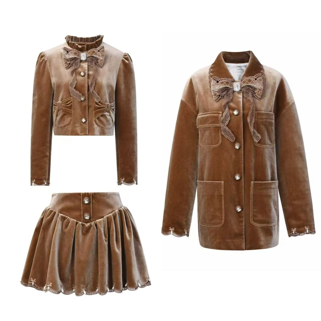 辰辰店美拉德蝴蝶结丝绒长短外套半裙