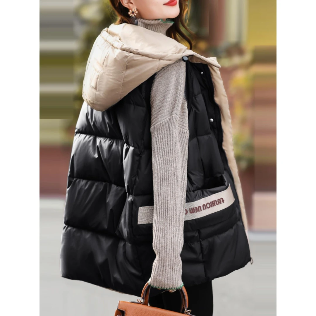 加厚保暖棉马甲女冬季外套2025新款撞色连帽大码宽松亮面马夹