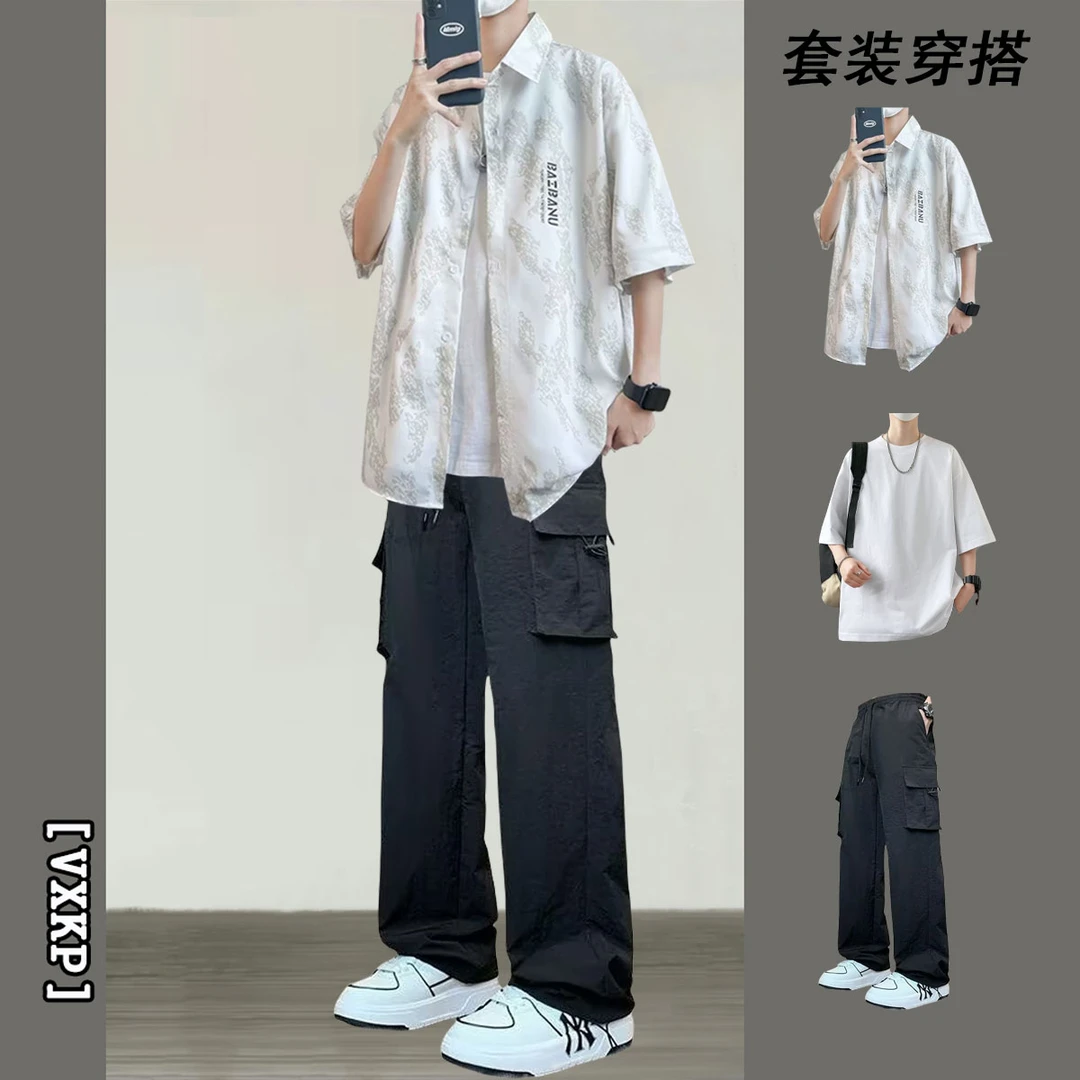 夏季薄款短袖冰丝衬衫男生休闲套装痞帅搭配工装裤时尚穿搭三件套