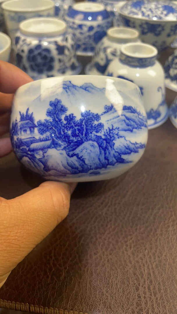 景德镇手绘山水罗汉杯个人茶杯青花瓷青花蓝色白瓷品茗杯茶具陶瓷