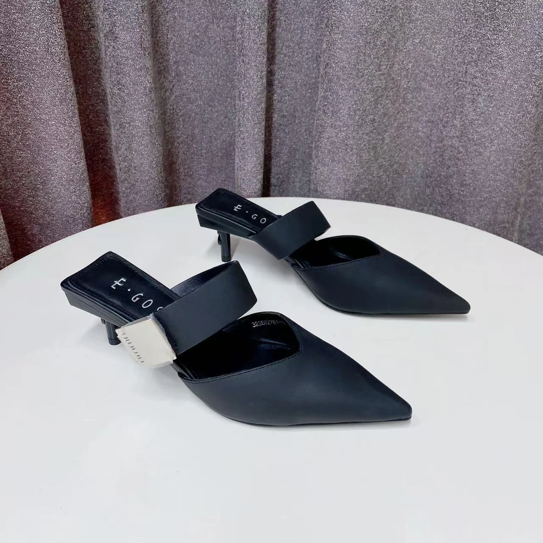 C6044 黑色  夏季时尚气质细跟2025新款真皮包头时装拖鞋