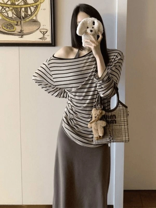 2025新款大码套装叠穿吊带裙女条纹衬衫弹力收腰遮肚子年轻连衣裙