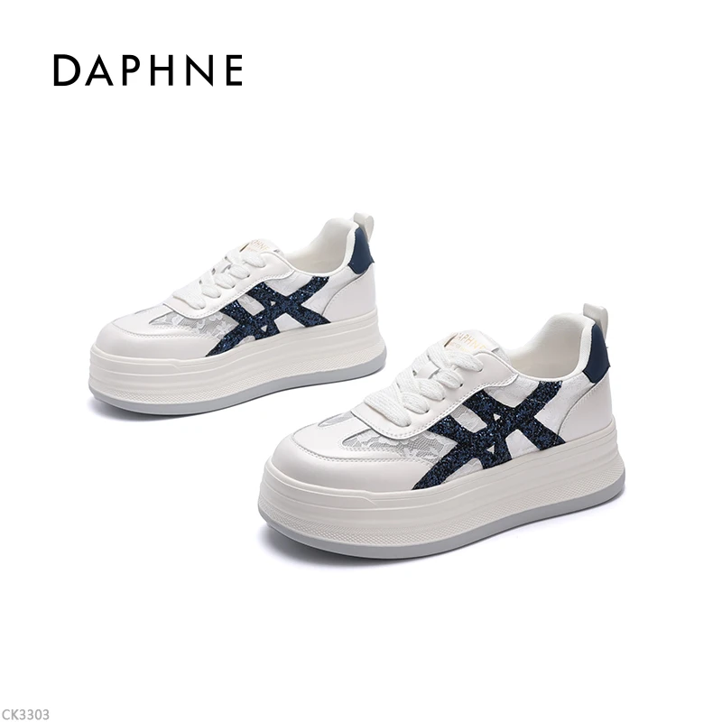 达芙妮厚底板鞋女2025夏季新款透气蕾丝网面休闲时尚百搭松糕鞋