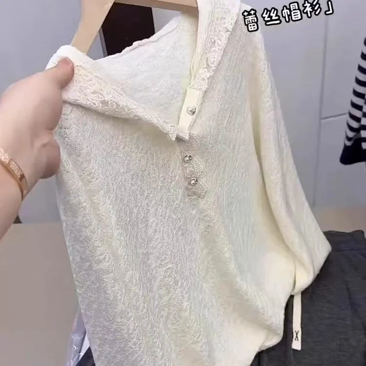 新款2025春季新款连帽针织衫女士洋气内搭蕾丝打底毛衣高级感上衣