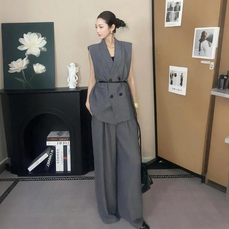 现货 2025新款女夏季时尚套装高级西装马甲外套阔腿裤 显瘦两件套