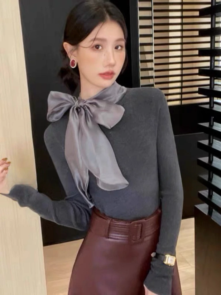 JT定制 时尚洋气蝴蝶结绑带针织上衣