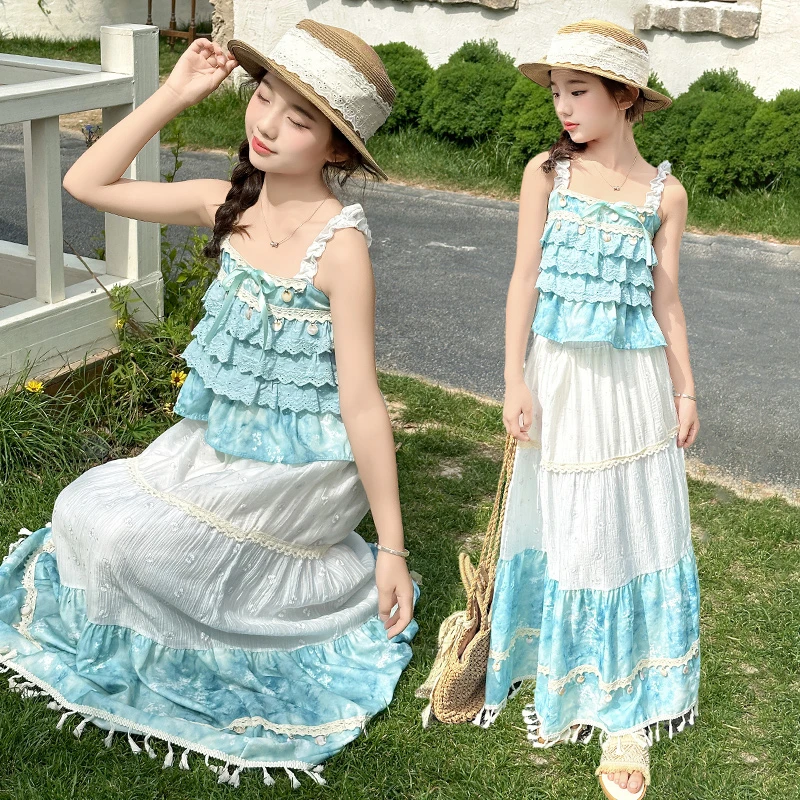 女童套装夏装2025新款潮女孩中大童花边吊带流苏半身裙儿童两件套