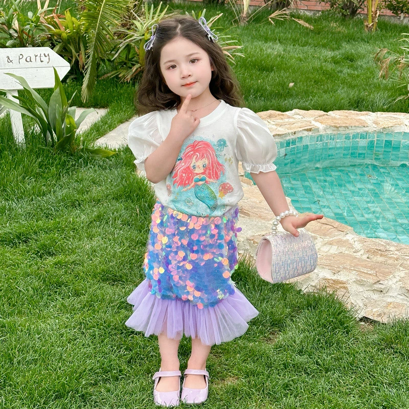 女童夏季美人鱼套装裙洋气女宝亮片鱼尾裙儿童沙滩公主裙六一演出