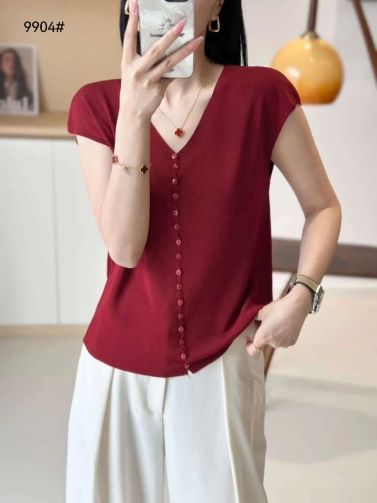 2025夏季新款短袖显瘦针织衫宽松打底衫v领时尚T恤上衣女9904