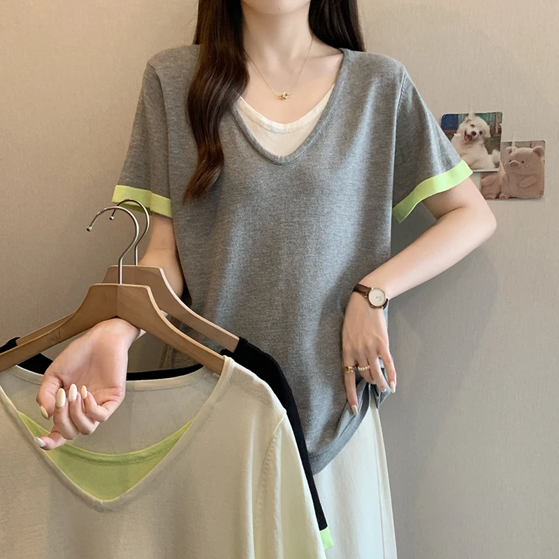 大码女装2025夏季新款圆领吸汗短袖百搭显瘦胖mm上衣设计感50039