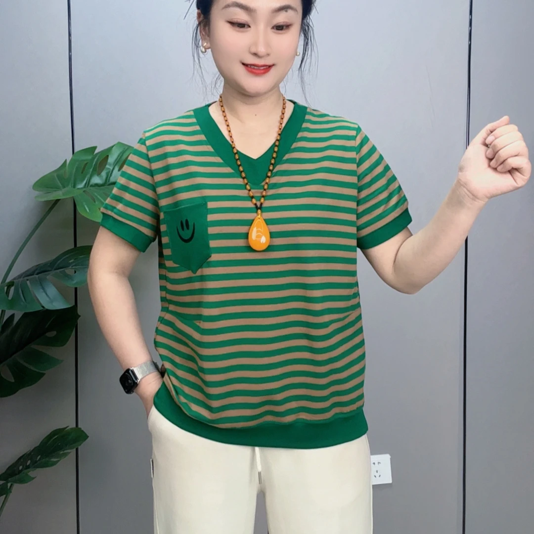 条纹口袋宽松型街头风吸汗T恤半袖韩版夏季翻领ol洋气圆领