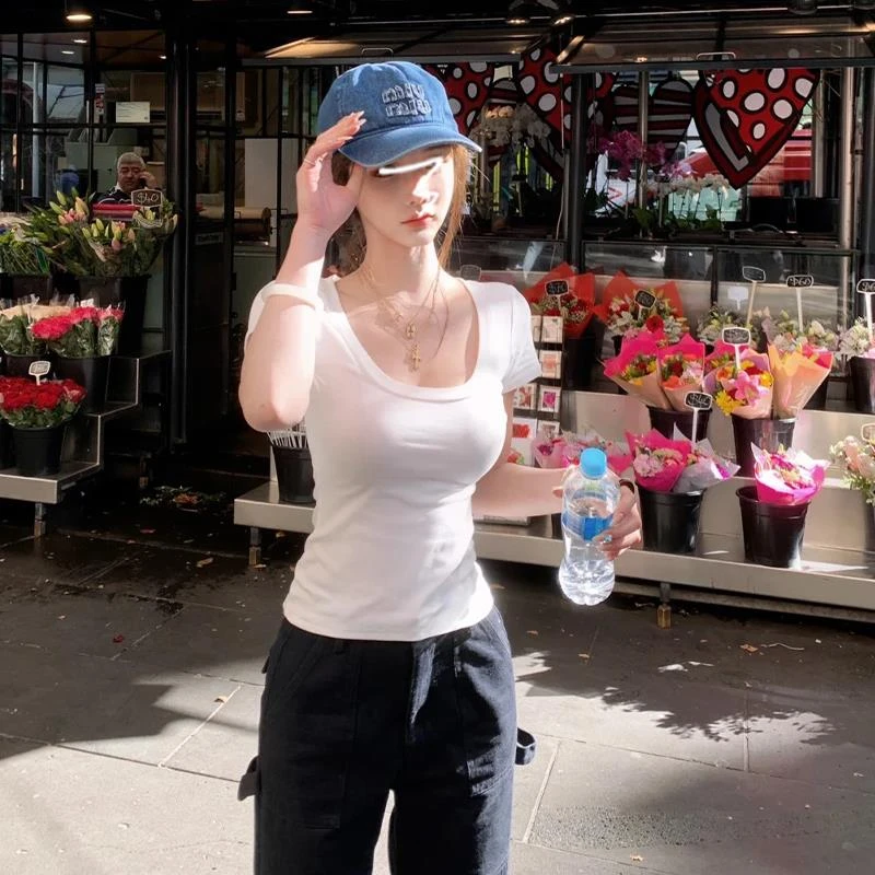 白色短袖修身收腰u领甜辣小上衣女夏季2024新款小个子辣妹正肩t恤