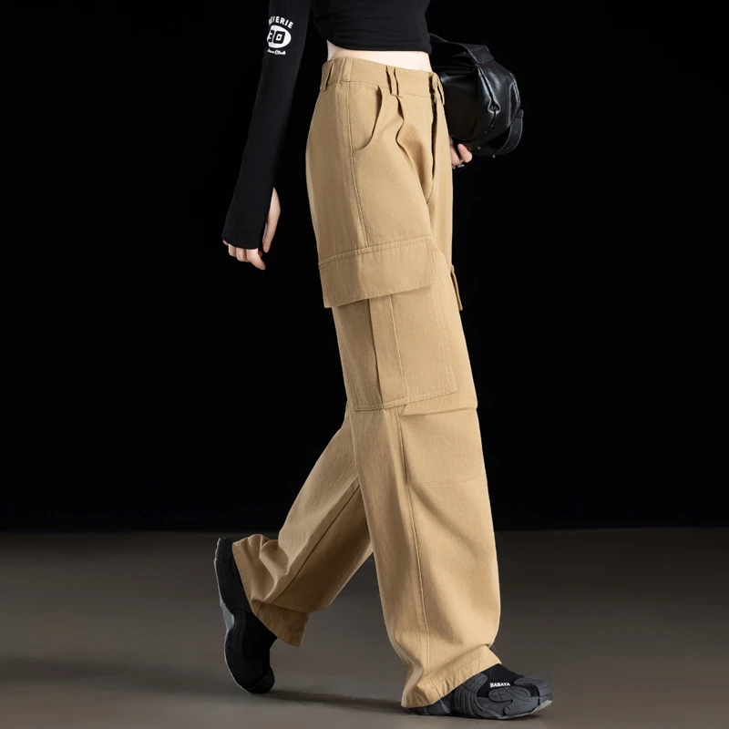 卡其色休闲裤女秋装女款爆款2025新款时尚百搭高腰直筒阔腿工装裤