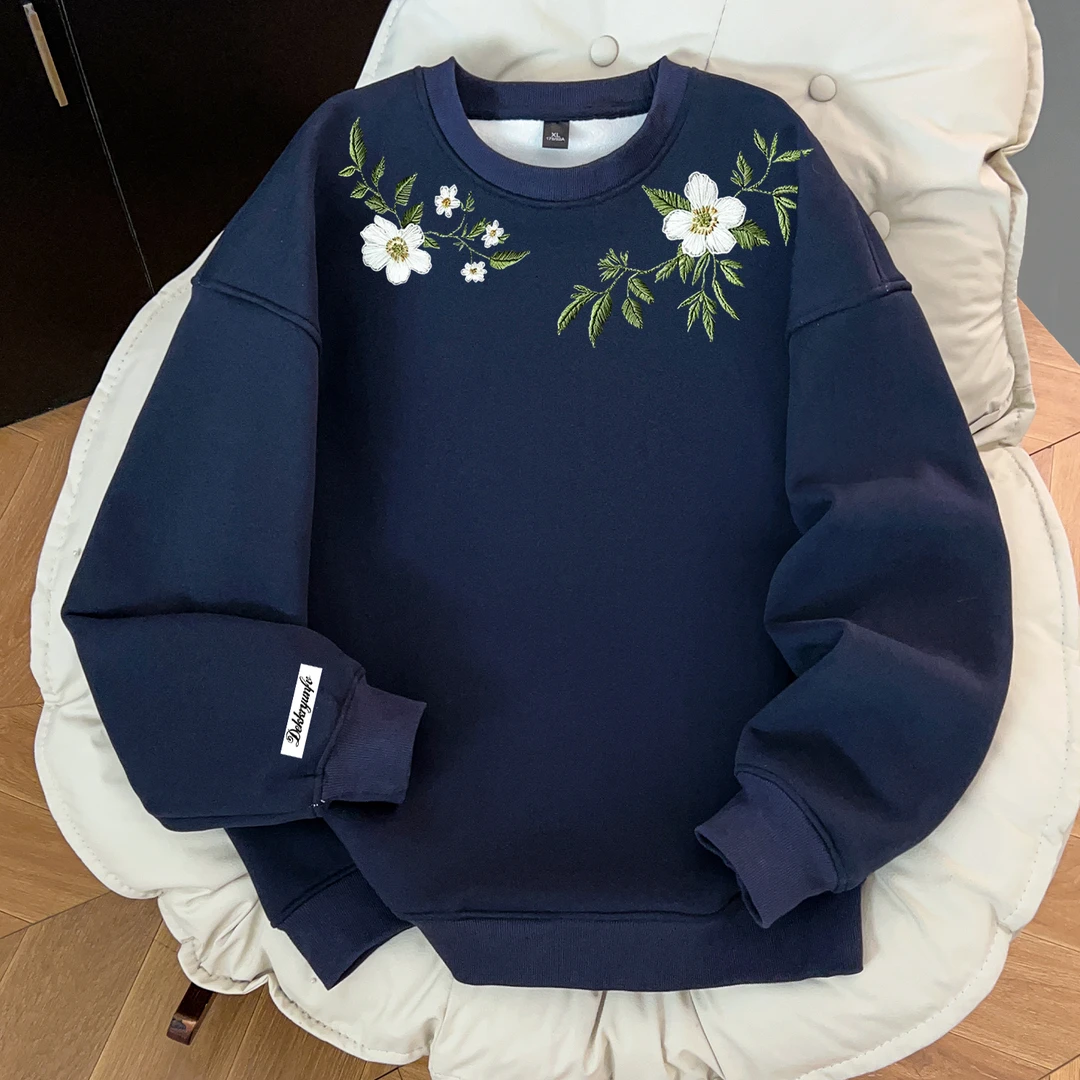 美式原创风花朵字母印花加绒加厚重磅卫衣男女款秋冬藏青色上衣潮