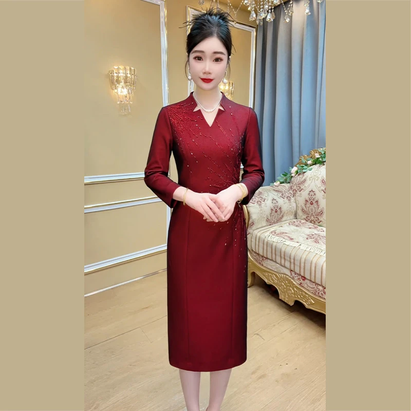 “麦穗光芒”时尚喜妈妈装春秋款季年会礼服显瘦气质婚宴长袖修身