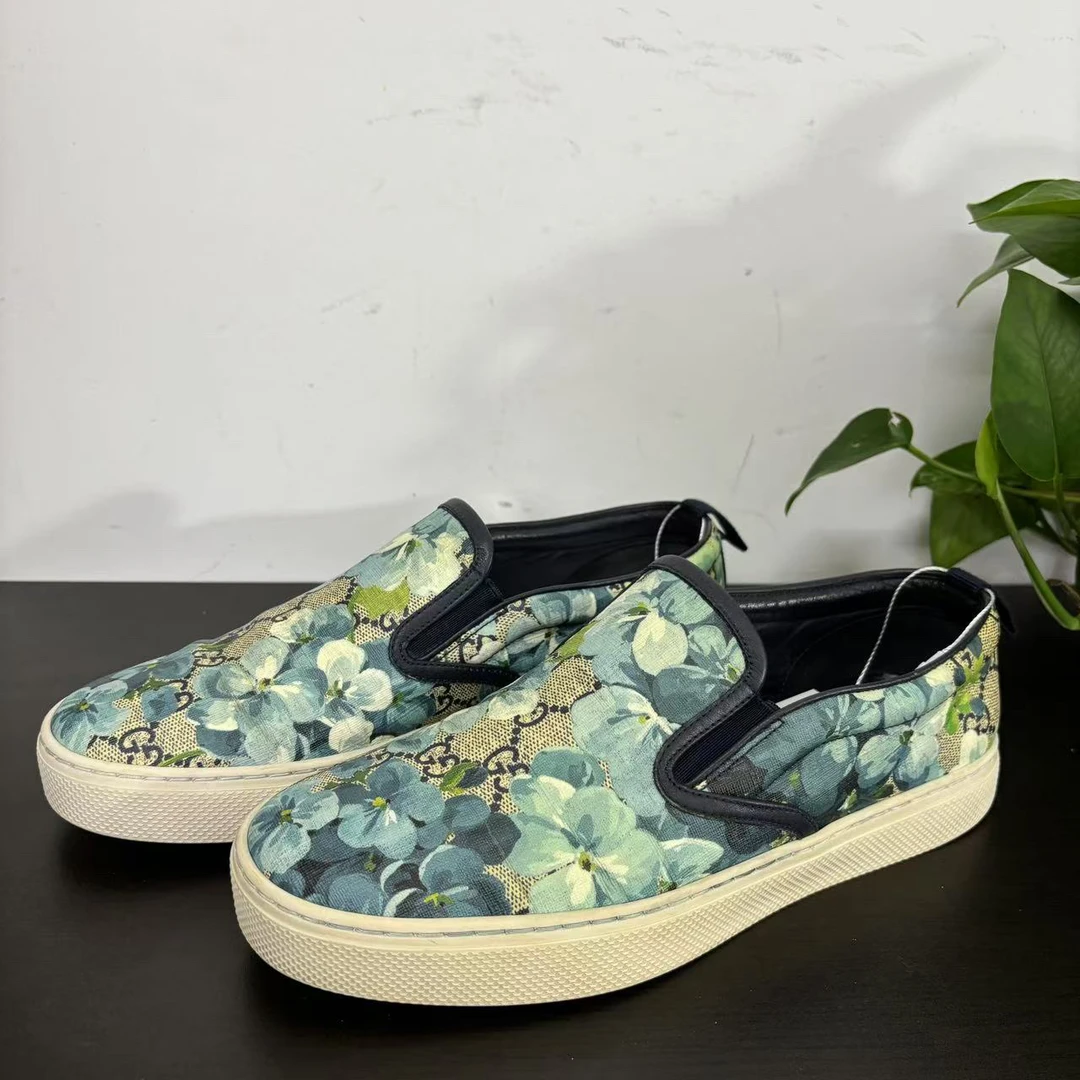 95新 GUCCI/古驰 41.5欧码蓝花卉老花一脚蹬板鞋/百搭时尚夏季
