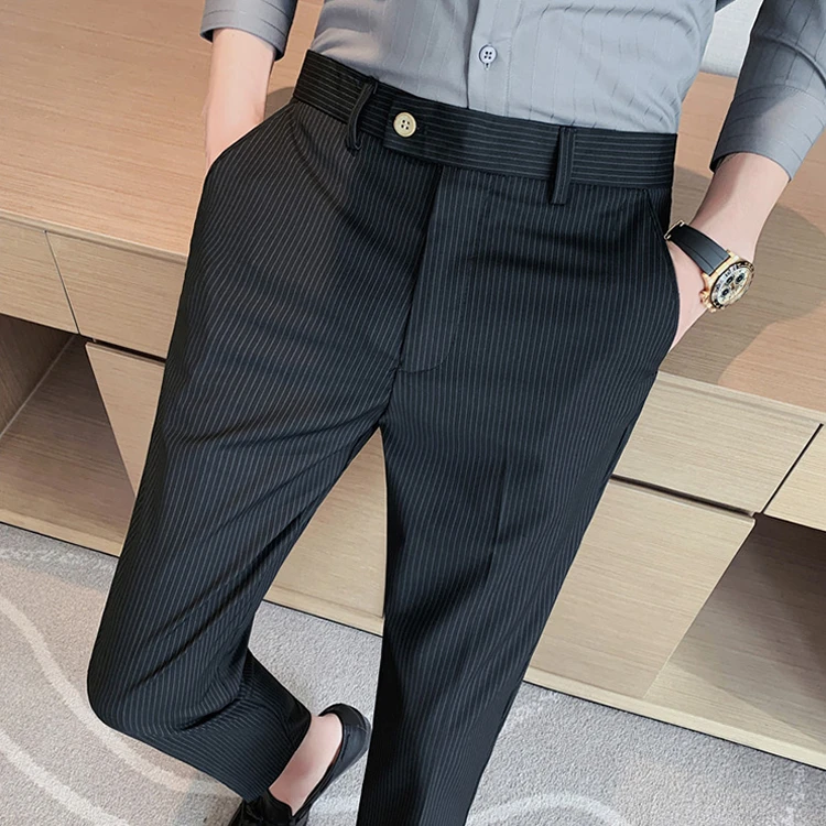 秋季潮流条纹九分西裤男士轻奢商务直筒修身正装休闲裤小脚西装裤