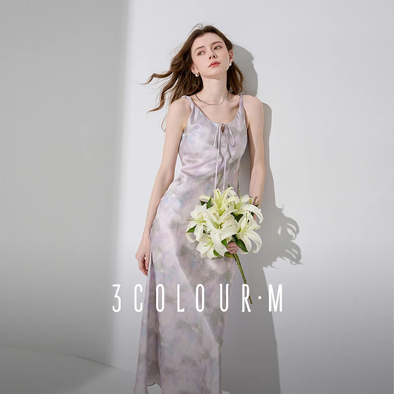 三彩2025夏季新款无袖吊带裙A字裙晕染印花连衣裙长裙垂感M
