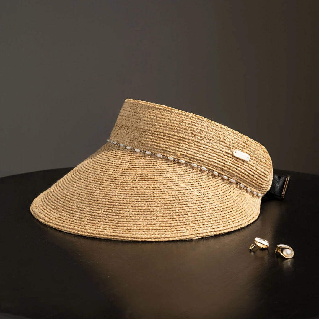 疯帽子 拉菲草空顶帽女轻奢珍珠链遮阳草帽子大头围防晒帽25年夏