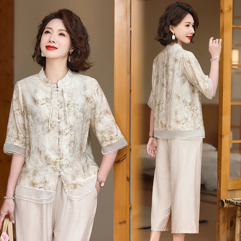 2025夏季中老年女夏装民族风短袖套装新款妈妈装减龄复古国风小衫
