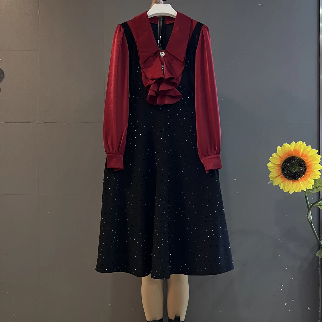 新款法式名媛风重工满钻拼接气质显瘦中长款连衣裙