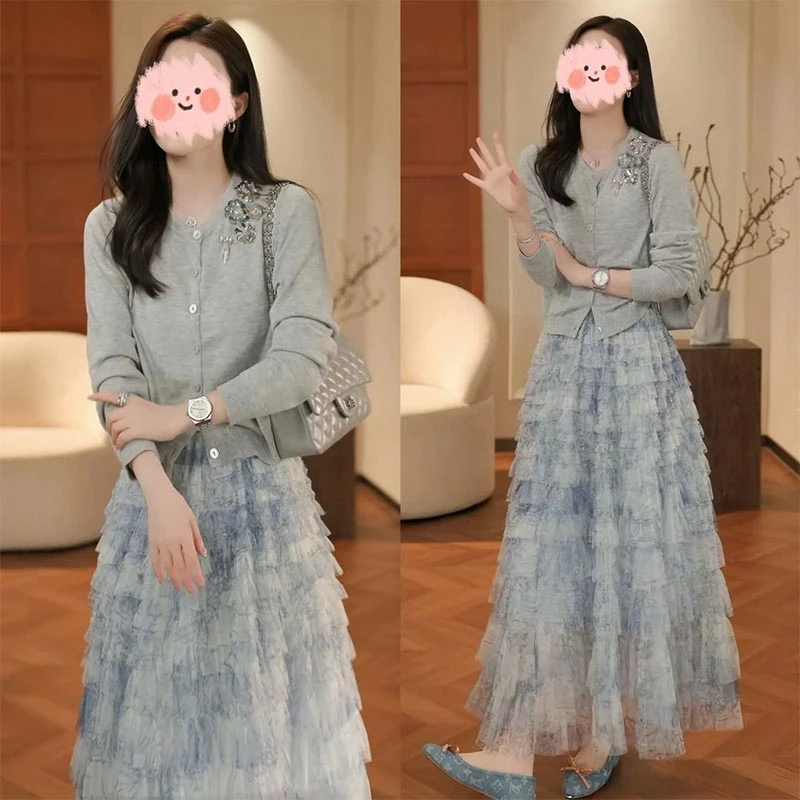 2025春秋韩式新款设计感针织开衫上衣百搭蛋糕半身裙高级感套装女