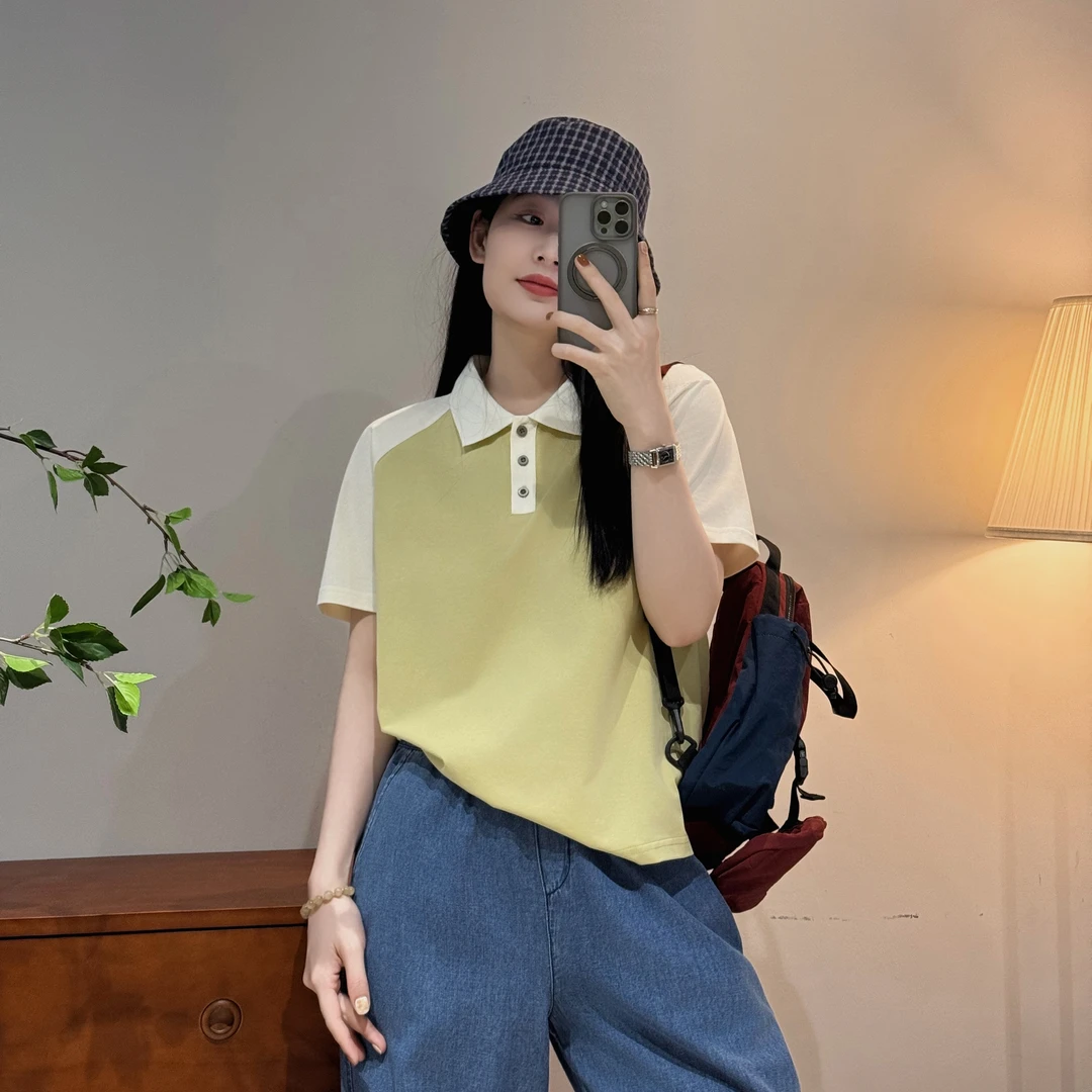 今婷时尚百搭小众小扣子设计显瘦撞色Polo领插肩T恤女-M25201334